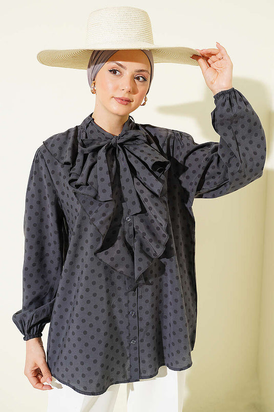 Collared Ruffled Drawstring Polka Dot Shirt Slate Gray