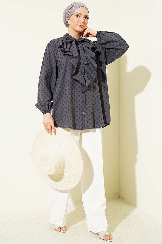 Collared Ruffled Drawstring Polka Dot Shirt Slate Gray