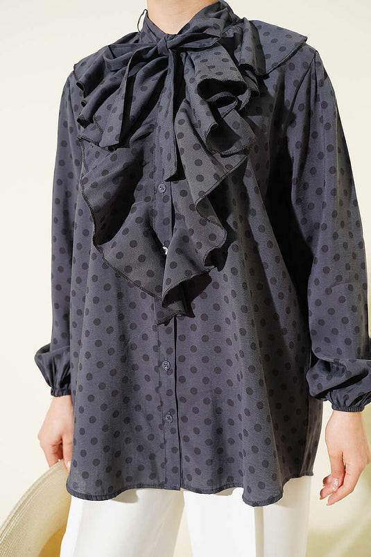 Collared Ruffled Drawstring Polka Dot Shirt Slate Gray