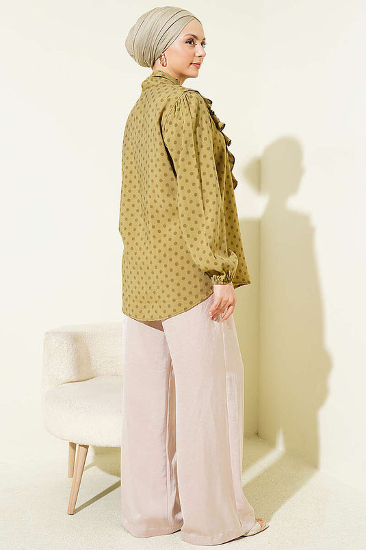 Collared Ruffled Drawstring Polka Dot Shirt Olive Green
