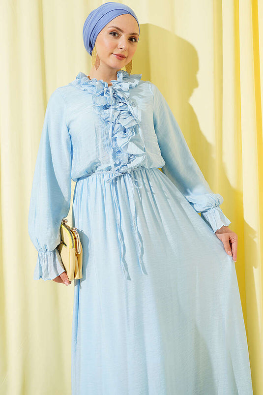 Ruffled Collar Elastic Waist Dress Baby Blue