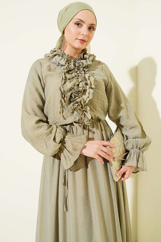 Ruffled Collar Elastic Waist Dress Khaki
