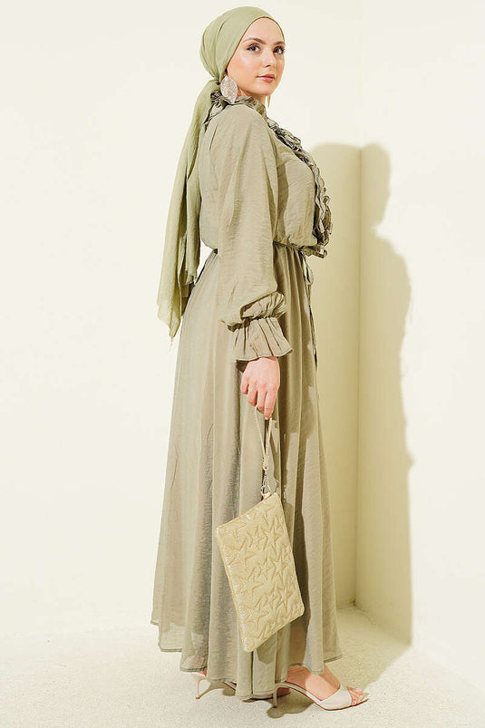 Ruffled Collar Elastic Waist Dress Khaki