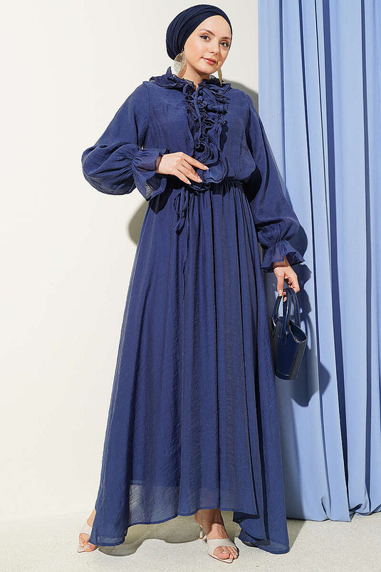 Kleid mit Rüschenkragen und elastischem Bund, Marineblau