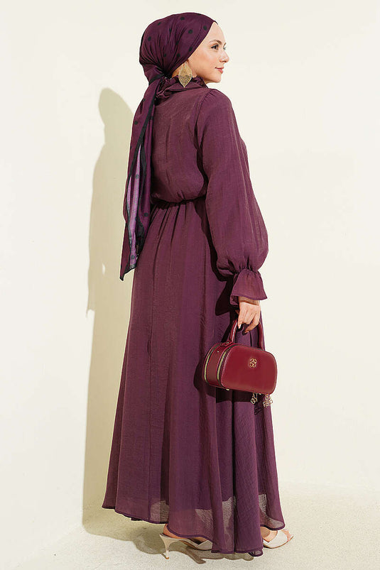 Ruffled Collar Elastic Waist Dress in Burgundy