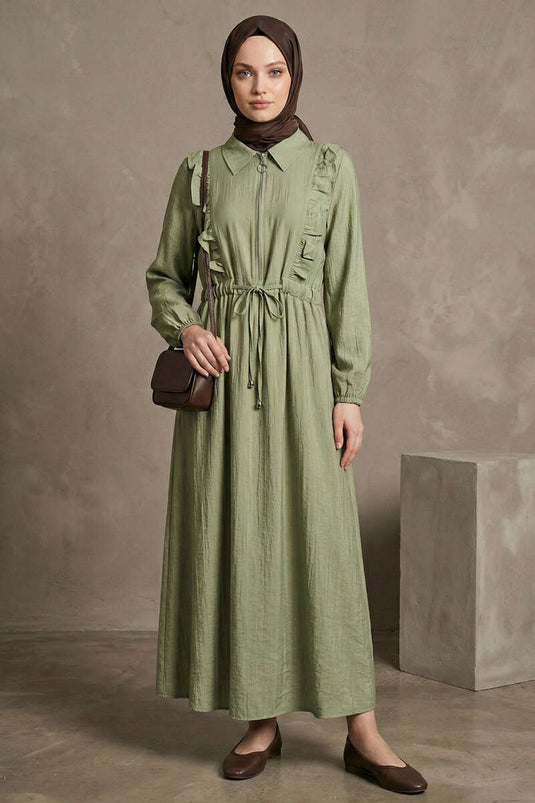 Dress with Ruffled Collar and Waist Tunnel, Avocado Green