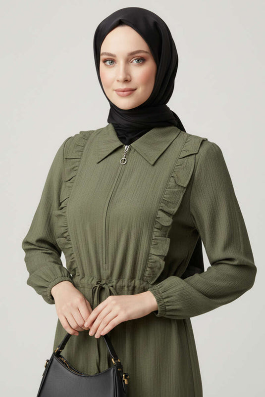 Robe à volants avec ceinture à passants kaki