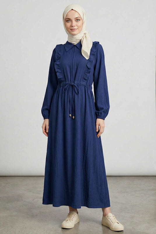 Robe à volants avec ceinture à passants bleu marine