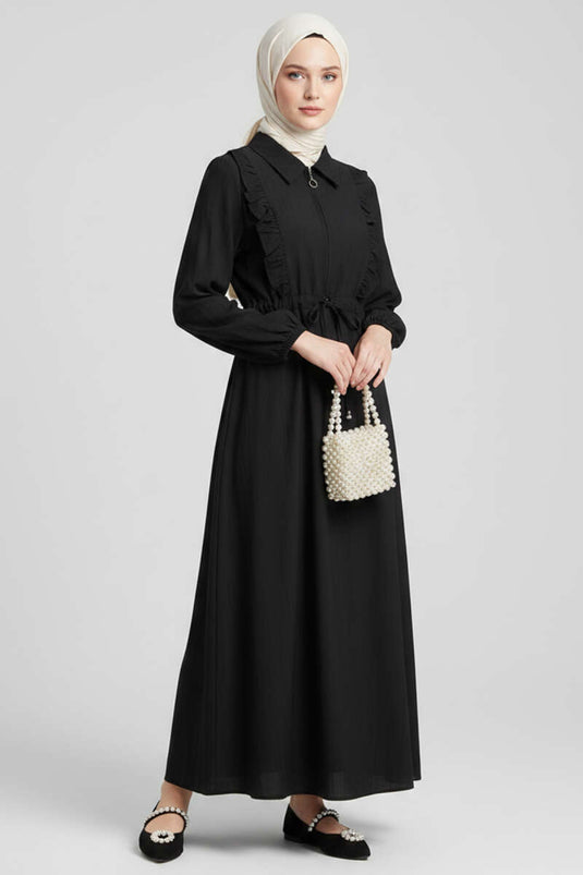 Dress with Ruffled Collar and Waist Tunnel Black