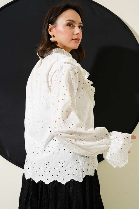 Ruffle Collar Embroidered Shirt Ecru