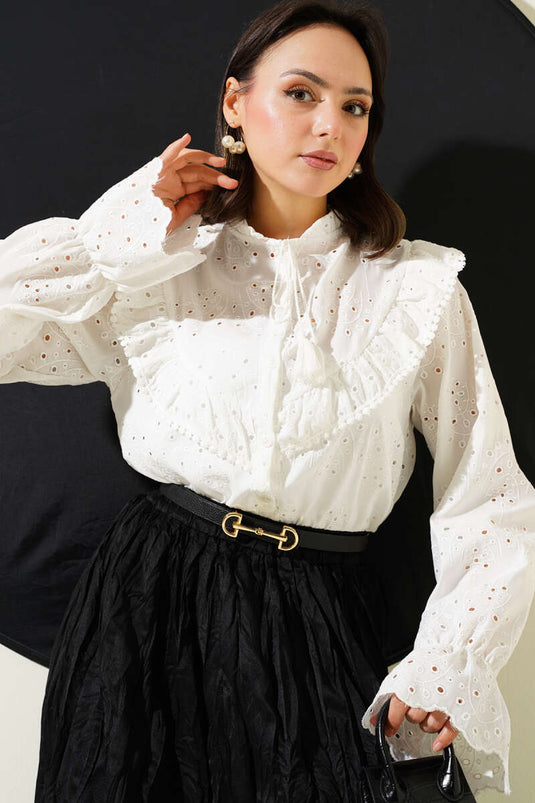 Ruffle Collar Embroidered Shirt Ecru