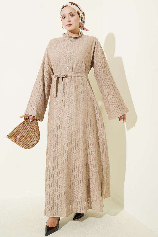 Beige Rüschen Spitzenkleid