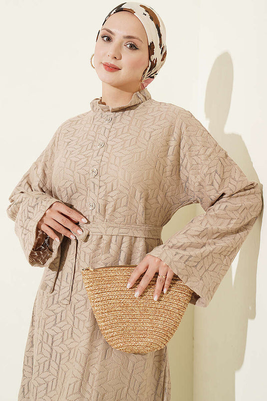 Beige Rüschen Spitzenkleid
