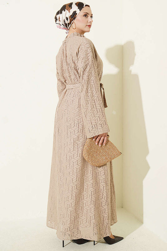 Beige Rüschen Spitzenkleid