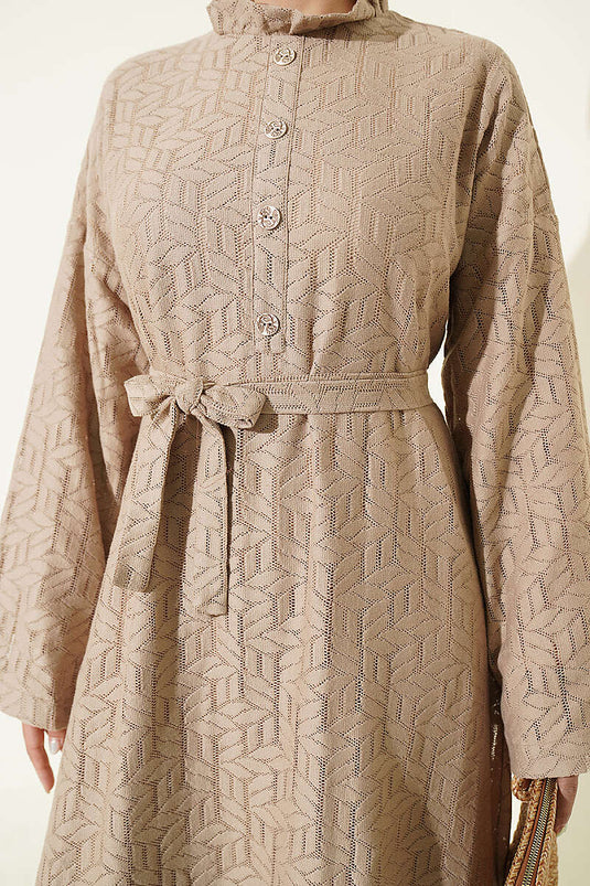 Beige Rüschen Spitzenkleid