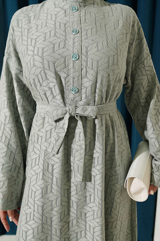 Robe En Dentelle À Col Volanté Vert Eau