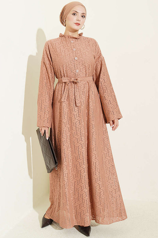 Beige Spitzenkleid Mit Rüschenkragen