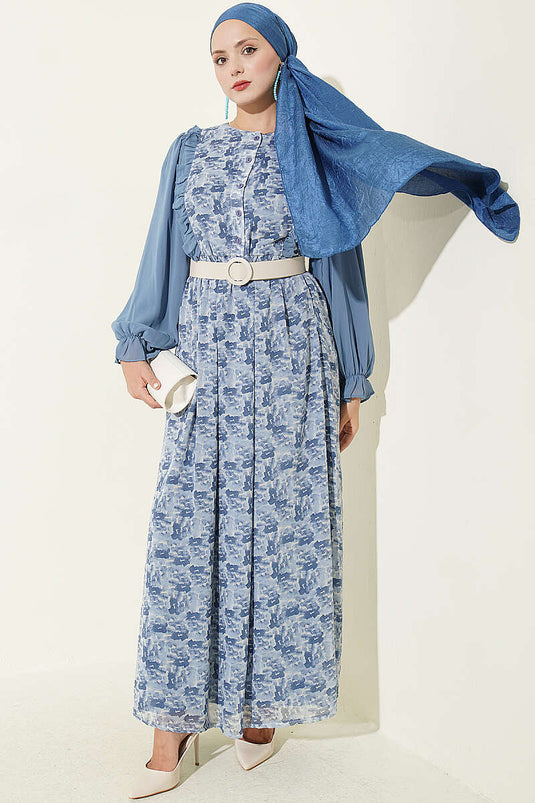 فستان Chiffon أزرق مزخرف بكشكش
