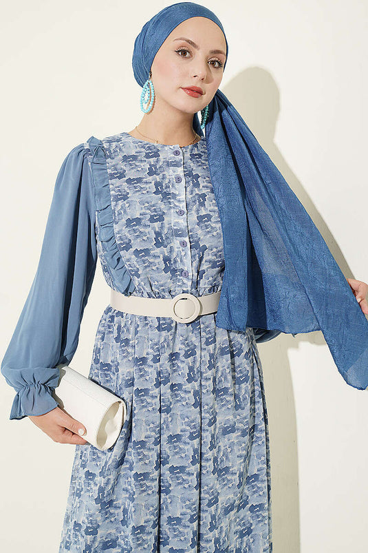 فستان Chiffon أزرق مزخرف بكشكش
