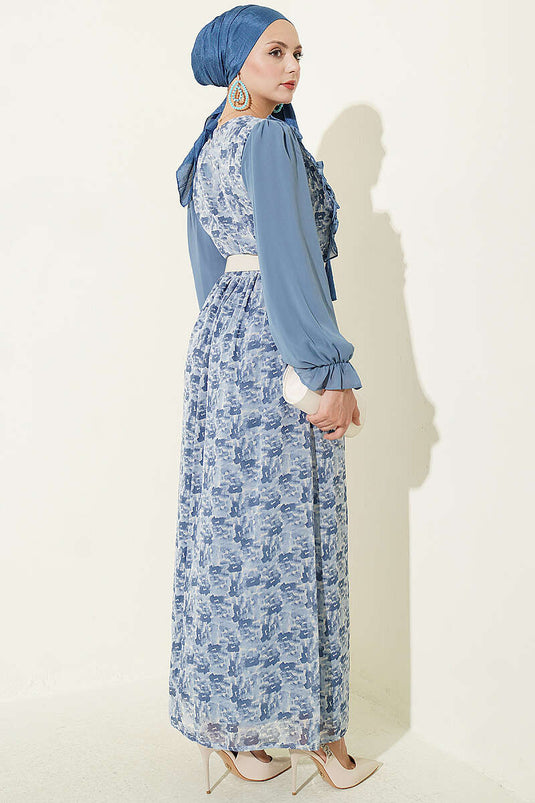 فستان Chiffon أزرق مزخرف بكشكش