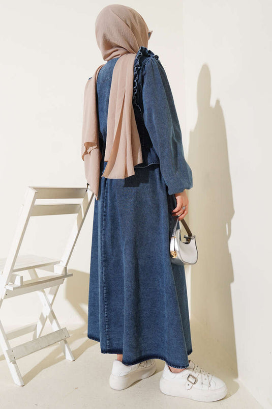 Ruffle Collar Rok Tweedelige Set Denim Blauw