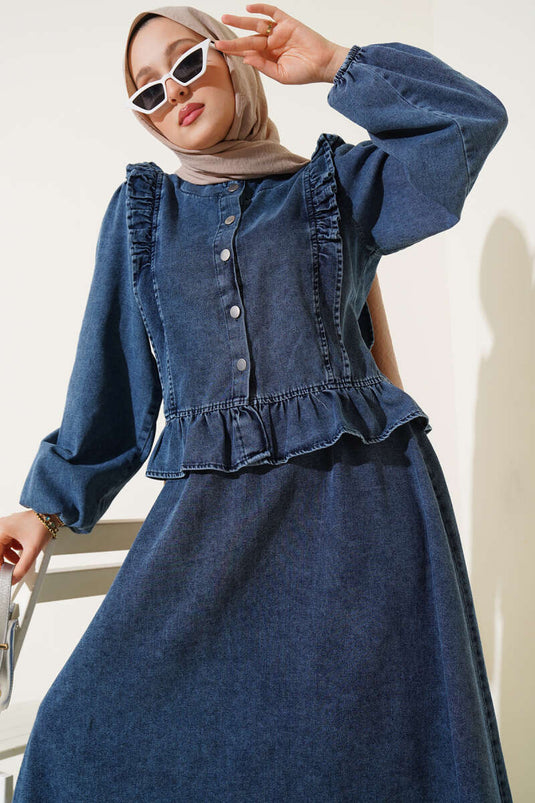 Ruffle Collar Rok Tweedelige Set Denim Blauw