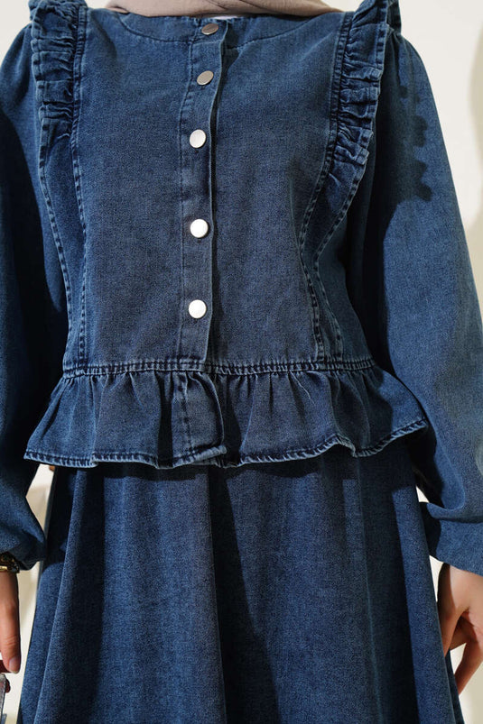 Ruffle Collar Rok Tweedelige Set Denim Blauw