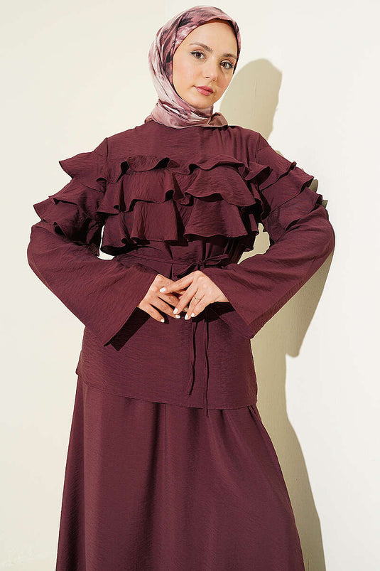 Ensemble Deux Pièces Modeste avec Jupe à Volants Couleur Mûre
