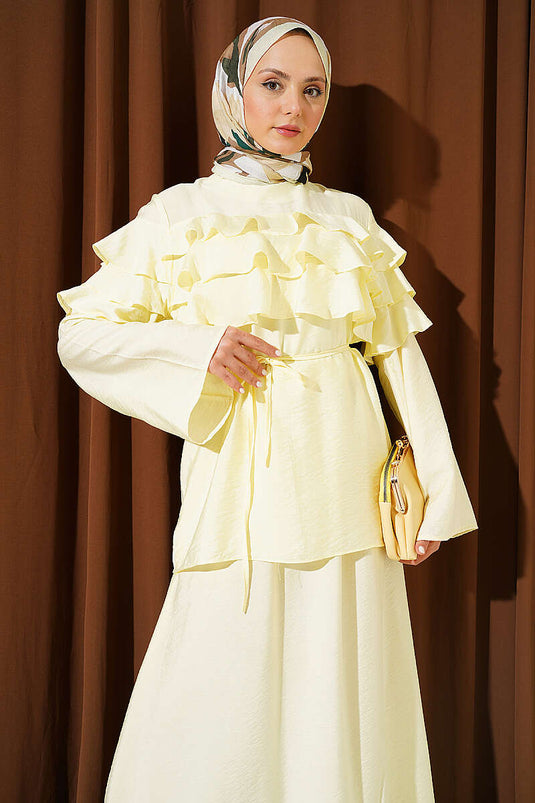 Ensemble Deux Pièces Jupe à Volants Col Jaune