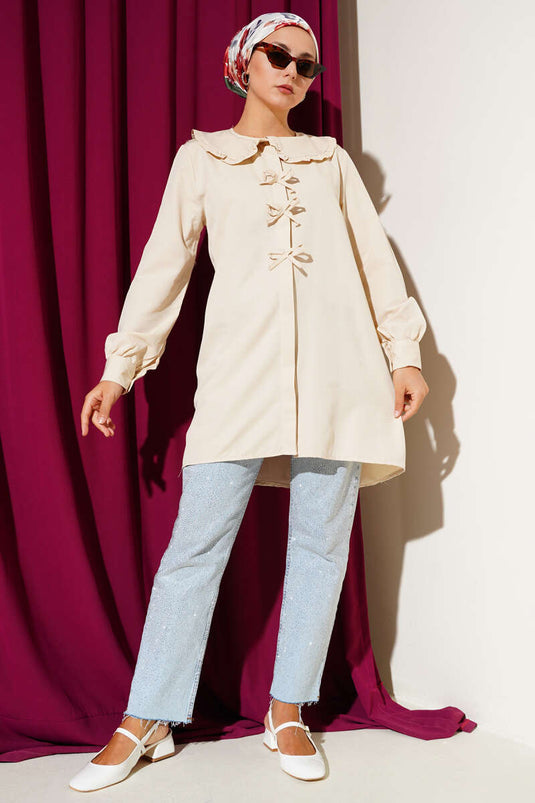 Yaka Fırfırlı Fiyonklu Tunik Bej