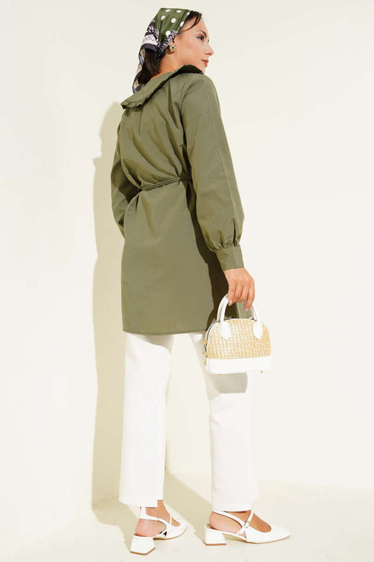 Ruffle Collar Bow Tunic Khaki