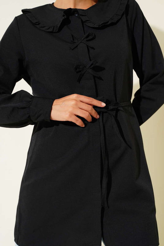 Ruffle Collar Bow Tunic Black