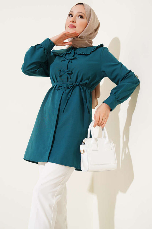 Yaka Fırfırlı Fiyonklu Tunik Zümrüt