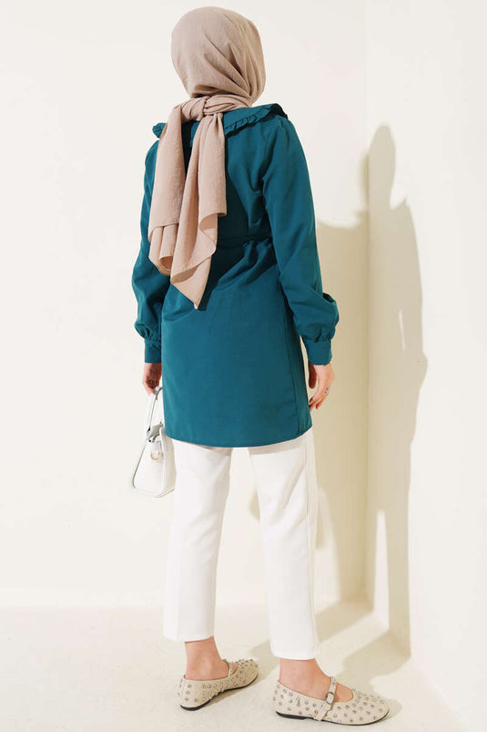 Yaka Fırfırlı Fiyonklu Tunik Zümrüt