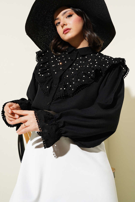 Ruffle Collar Pearl Embroidered Shirt Black