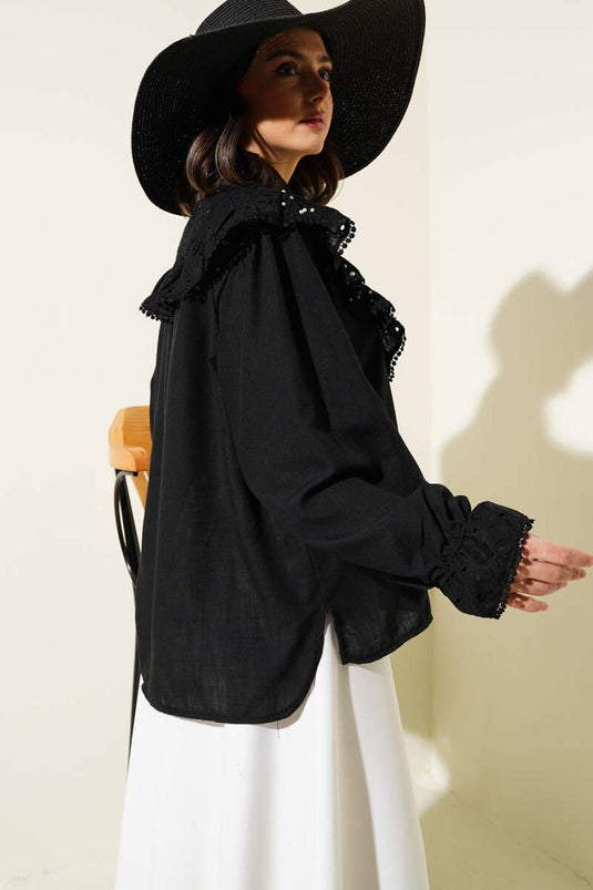 Ruffle Collar Pearl Embroidered Shirt Black