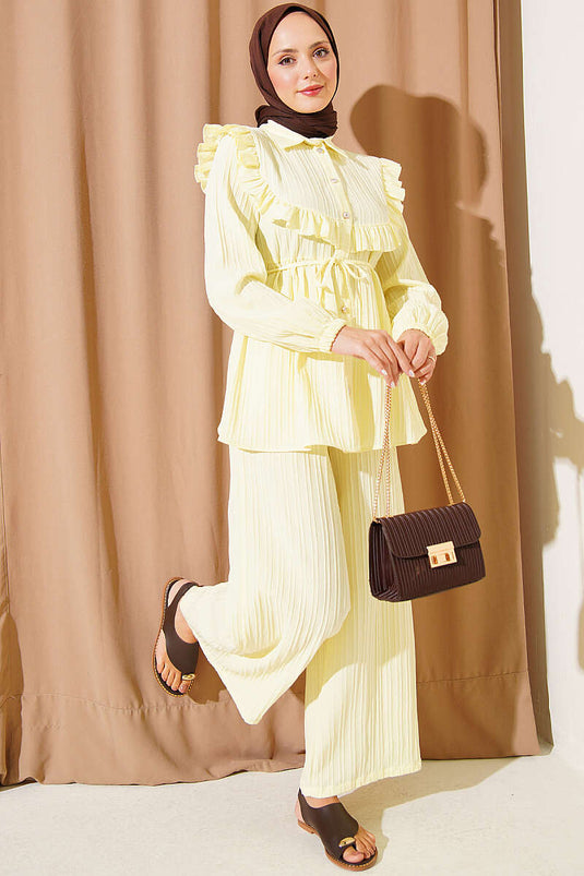 Yellow Ruffled Neck Tie-Detail Two-Piece Set