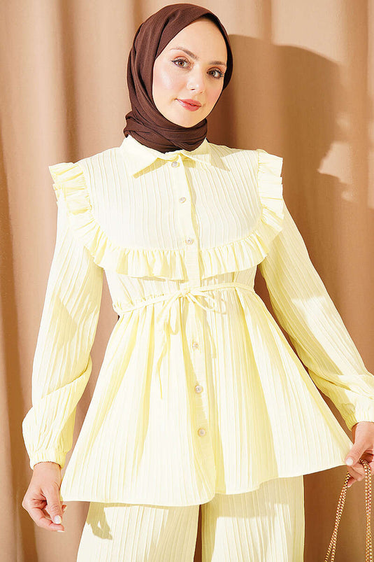 Yellow Ruffled Neck Tie-Detail Two-Piece Set