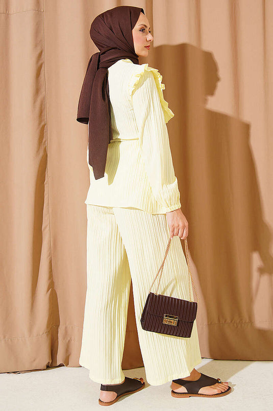 Yellow Ruffled Neck Tie-Detail Two-Piece Set