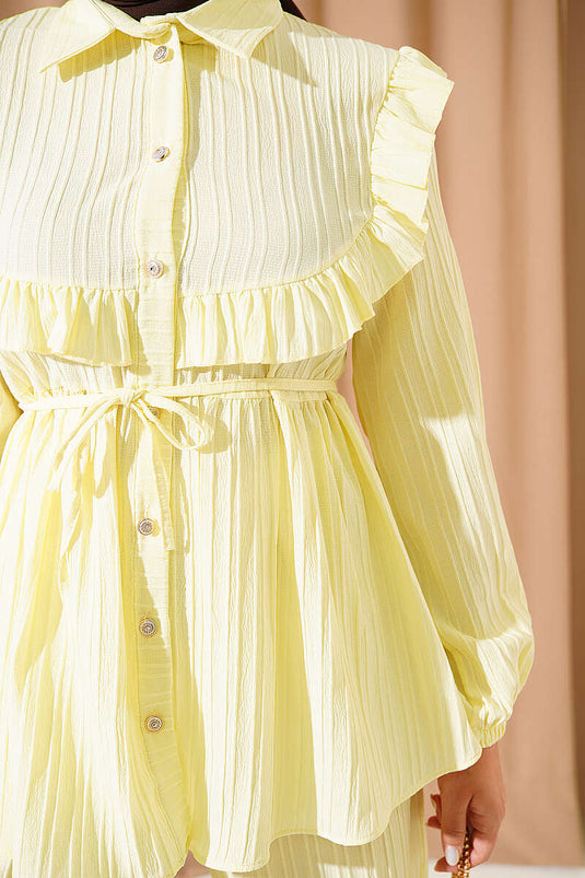 Yellow Ruffled Neck Tie-Detail Two-Piece Set
