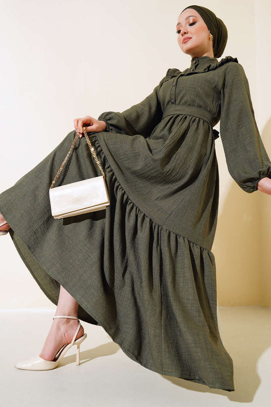 Yaka Fırfırlı Kat Elbise Haki