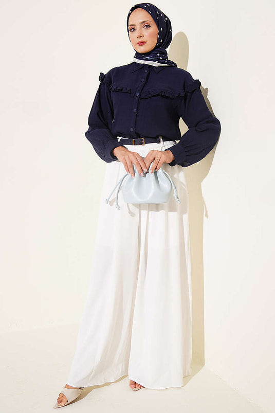 Chemise En Muslin À Volants Et Bordure En Dentelle Bleu Marine