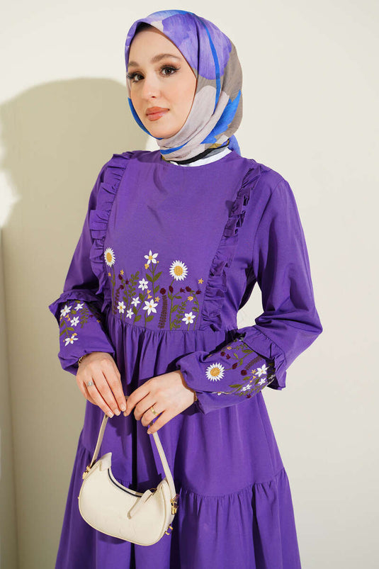 Collared Ruffled Embroidered Poplin Dress Purple