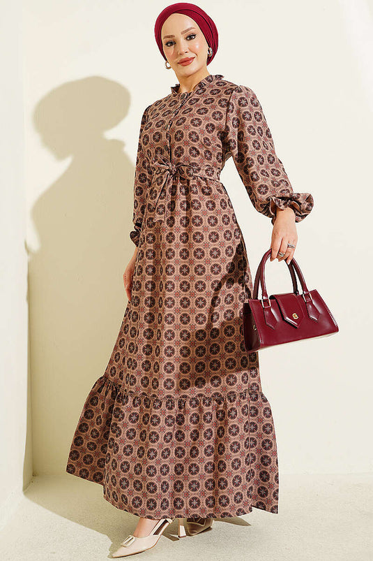 Robe Bohème À Col Volanté Couleur Tabac