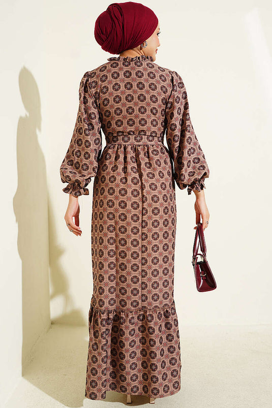 Robe Bohème À Col Volanté Couleur Tabac