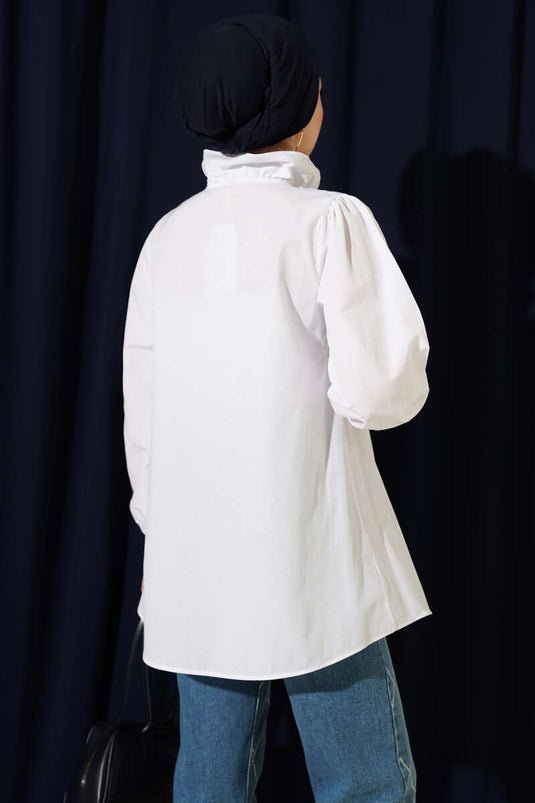 White Shirt with Ruffled Collar and Stone Buttons