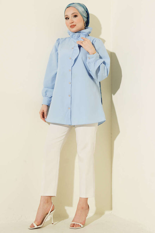 Blue Shirt with Ruffled Collar and Stone Buttons