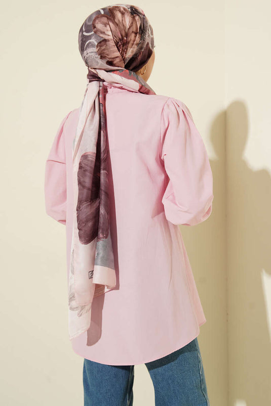 Pink Shirt with Ruffled Collar and Stone Buttons