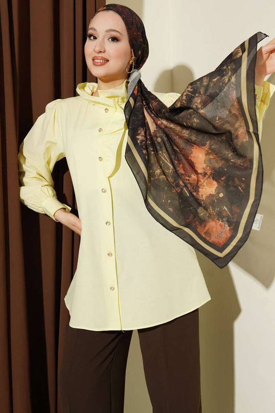 Yellow Shirt with Ruffled Collar and Stone Buttons