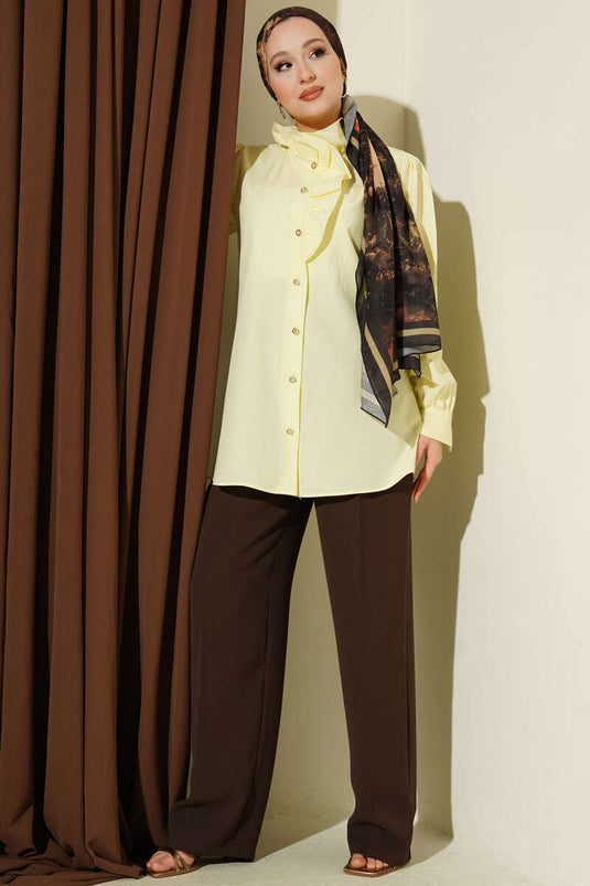 Yellow Shirt with Ruffled Collar and Stone Buttons